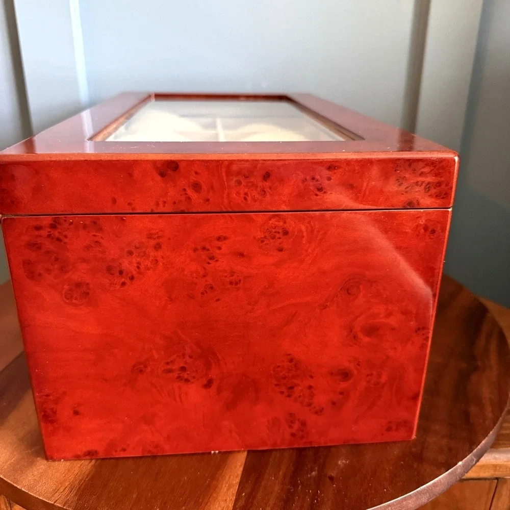 Vintage Burl Wood Jewelry Box Chest High Gloss Tortoise Shell Glass Tabletop